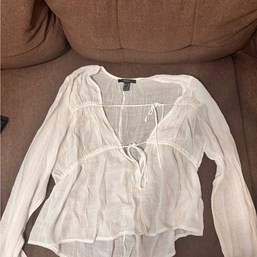 Forever 21 White Linen Blouse with Tie Front